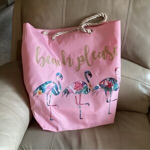 Pink Flamingo Beach Tote with Gold Script
